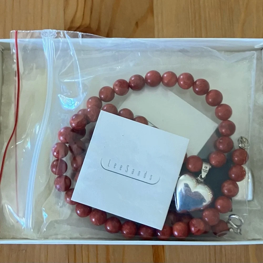 NEW Lee Sands Vintage Sterling Silver Heart Red Beaded Necklace and Bracelet Set